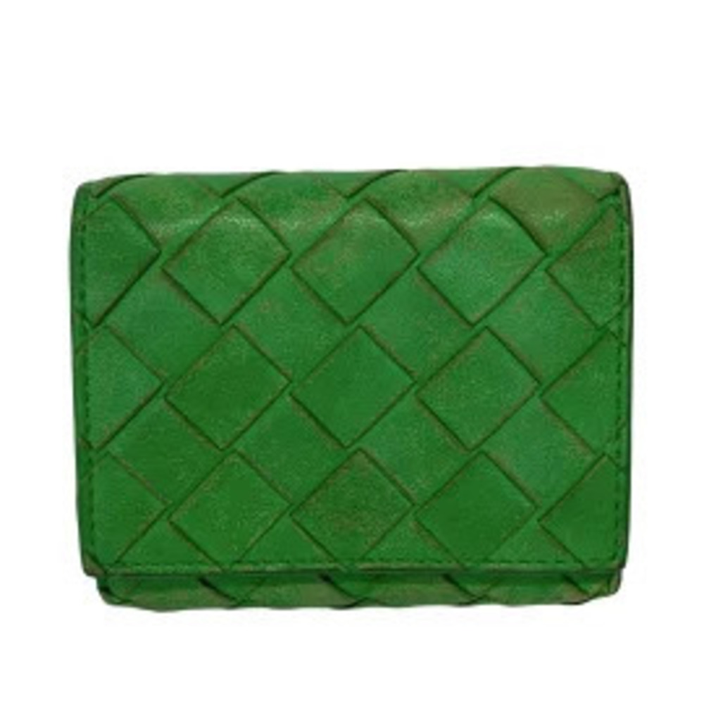 BOTTEGA VENETA Intrecciato Tri fold Wallet Green Leather